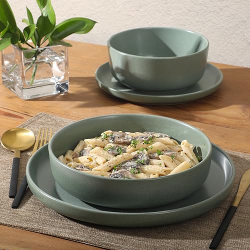 Image of Gibson Elite Pasco 16 Piece (Service for 4) Plates and Bowls Double Bowl Reactive Glaze Dishes Stoneware Ceramic Dinnerware Set - Green