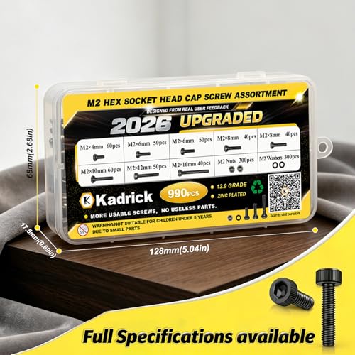 Image of Kadrick M2 Metric Screws Kit 990PCS, Optimized Assortment with More Screws & Smarter Size Distribution, Class 12.9 Socket Head Cap Screws, Black Zinc Plated M2 Bolts for Electronics & 3D Printing