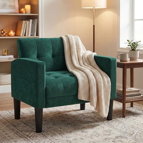 ROCSUMOO Armchair Modern Velvet Upholstered Accent Chair Tub Chair with Thick Cushion Comfy Lounge Chair for Living Room/Bedroom/Apartment/Office(Green 1PCS)
