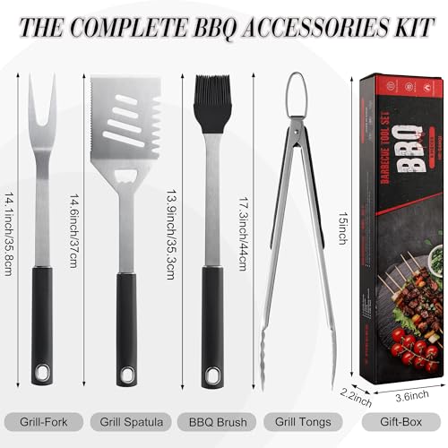 Griddle Accessories Kit - Heavy Duty Grill Tools Set, Grilling Accessories | Stainless Steel BBQ Set with Grill Tongs, Spatula, Fork, Brush and Gift-Box for Outdoor Barbecue, Home Grill (4PCS) - Image 3