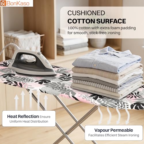 Image of BonKaso Premium Foldable Ironing Board with Adjustable Height & Heat Resistant Iron Rest | Ergonomic Ironing Table with Anti-Skid Legs, Fabric Cover & Foam Padding for Home - Pink