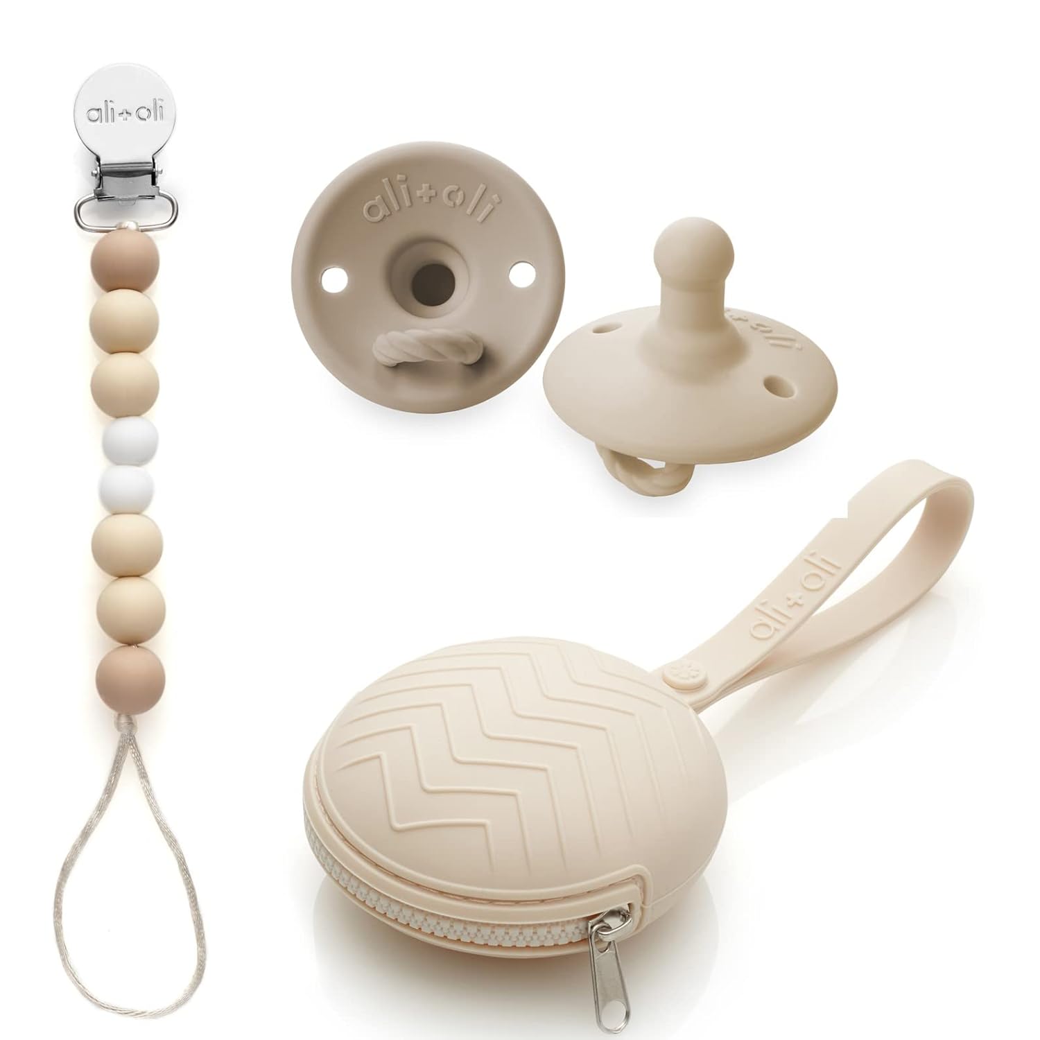 Ali+Oli (Natural) Bundle, Pacifier Case Holder, Pacifier Clip, and Pacifier (2-pk) BPA Free Food Grade Silicone Gift Set
