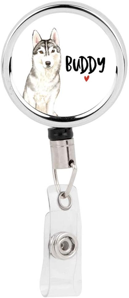 Andaz Press Retractable Badge Reel Holder with Clip, Heavy Duty Metal Name Tag Retractable ID Key Belt Clip Siberian Husky, Custom Name Pet Dog Lover