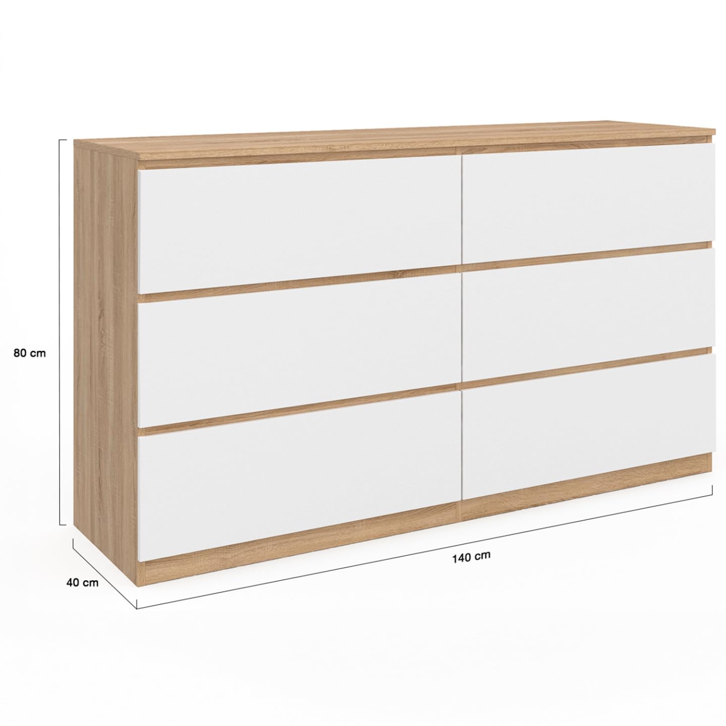 IDMarket - Commode 6 tiroirs TOMI XXL 140 cm Bois façon hêtre et Blanc