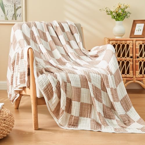 Image of EMME Cooling Muslin Blanket for Adults - Checkered Lightweight Summer Cotton Throw Blankets of Rayon Derived from Bamboo for Hot Sleepers, Ultra Soft Breathable Gauze