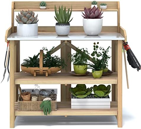 Giantex Garden Potting Bench, Galvanized Steel Top, 6 Hooks, 2 Tier Storage Shelves, Wood Workstation for Indoor Outdoor Gardening Planting Garage Tools, Potted Plant, Worktable 41.5"x19.5"x48"