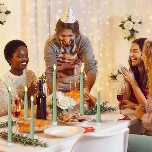 Image of Rossesay 48 Pcs Flameless LED Taper Candles Battery Operated Candles 4 Sizes of 8.5'', 9.65'', 10.83'', 12.8'' Flameless Candlesticks Flickering for Halloween Christmas Church Wedding(Sage Green)