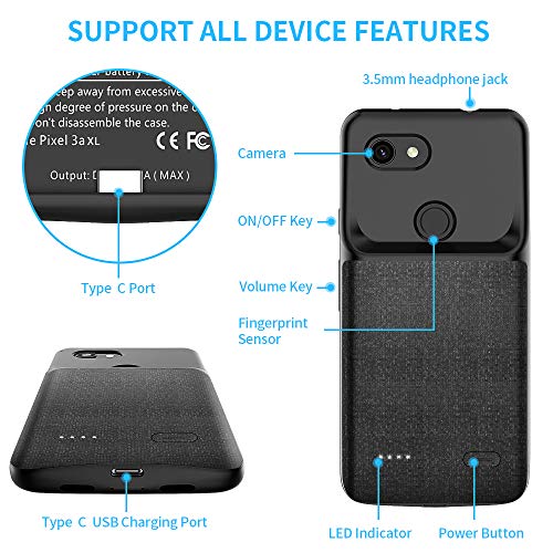 Newdery Google Pixel 3A Xl Battery Case, 4700Mah Charging Case Extended Portable Protective With Soft Tpu Raised Edge, Rechargeable Charger Case Cover For Google Pixel 3A Xl Black #TOP6