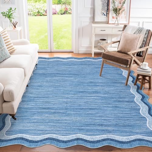 GarveeHome Scalloped Washable Rug 9x12 Area Rugs for Living Room Modern Solid Carpet for Bedroom Abstract Irregular Scalloped Non-Slip Low-Pile Accent