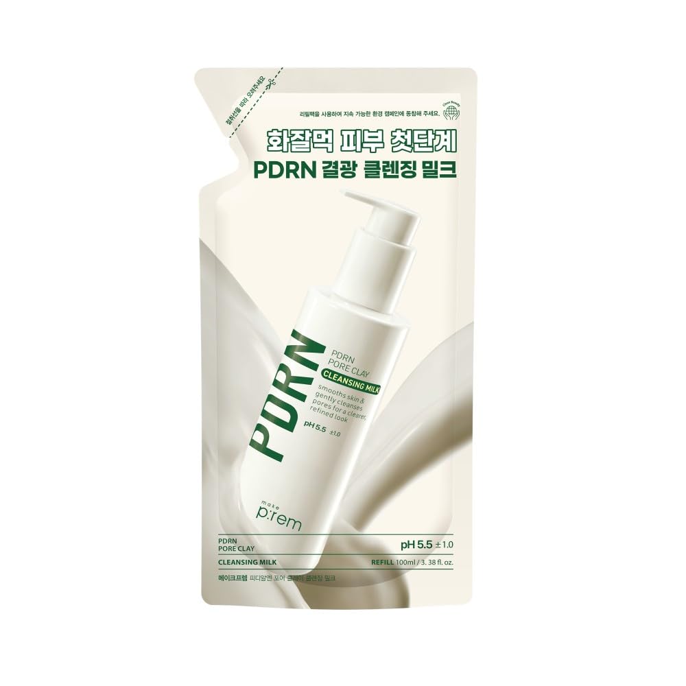 MAKE P:REM PDRN Pore Clay Cleansing Milk, Hydrating Gentle Face Wash for Sensitive Skin, Korean Face Wash, Milky Cleanser, 6.76 fl.oz. (100ml, Refill Pouch)