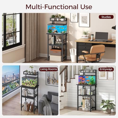 MAHANCRIS 5-10 Gallon Fish Tank Stand, 3 Tier Aquarium Stand with Adjustable Storage Shelf and Hook, Heavy-Duty Reptile Terrarium Stand for Home Office, 20.5\" L x 11.2\" W x 50.4\" H, Black FTBK5101
