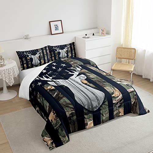 Camo American Flag Full Size Comforter Sets For Kids,Deer Antlers Army Green Camouflage Bedding Flags For Room Teens,Wild Animal Hunting Farm Branches Leaves Stars Stripes Usa Flag Down Comforter #TOP2