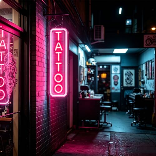 Image of Dimmable Tattoo Neon Sign,LED Reusable Neon Signs,Arylic Tattoo Shop Sign with Dimmer for Tattoo Salon, Studio, Shop Plaque,Tattoo Gifts for Friends,17x6in(Pink)