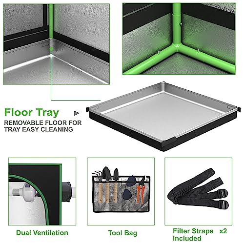 Jupiterforce 48"X 48"X 80" Mylar Hydroponic Grow Tent Kit With Observation Window And Floor Tray Reflective Lightproof Growing Room For Home Plant Growing, Black #TOP5