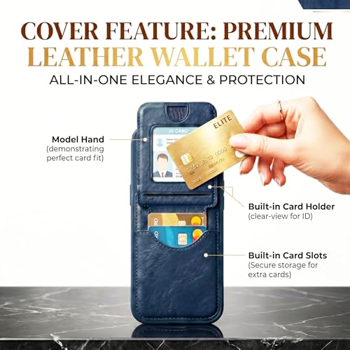 Image of amazon basics Premium Vegan Leather Back Cover with Card Holder and Integrated Mobile Stand for iPhone 17 Pro - Slim Shockproof Wallet Case with Geometric Stitching [Blue]