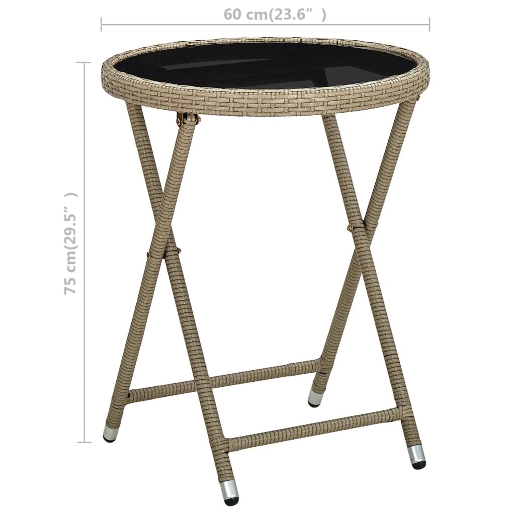 Mesa auxiliar beige de 60 cm de polirratán con cristal templado, resistente a la intemperie, plegable, ideal para terraza, balcón y uso al aire libre