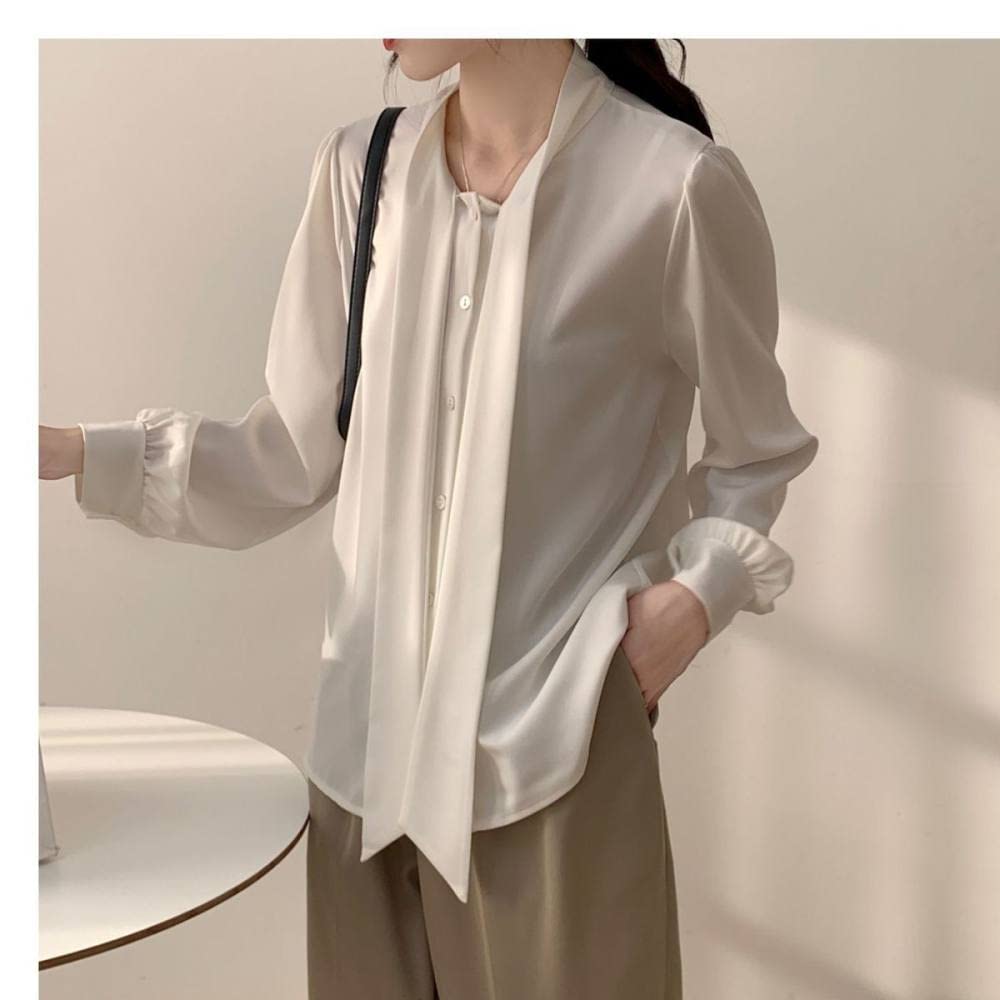 Dames effen satijnen overhemd met knopen en lange mouwen V-hals kantoorblouses zakelijke casual tops, Blauw, M