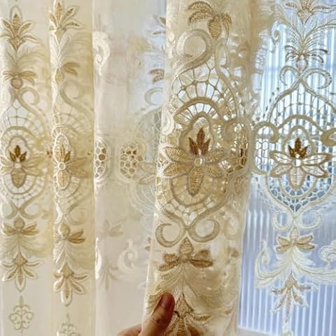 Amidoudou 1 Pair European Embroidered Jacquard Sheer Curtains Luxury Beige Elegant Tulle Curtains for Bedroom Living Room (Beige,54x84 Inch) Cover