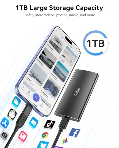 Image of Aiibe 1TB External SSD USB C Portable SSD USB 3.2 Gen 2, Up to 1050MB /s, External Solid State Drive 1TB External Hard Drive for iPhone 17 /16 /15, Laptop (Black)