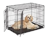 Dog Crate MidWest ICrate 30 Inch Double Door Folding Metal Dog Crate w/ Divider Panel, Floor Protecting Feet & Leak Proof Dog Tray 30L x 19W x 21H Inches, Medium Dog Breed, Black