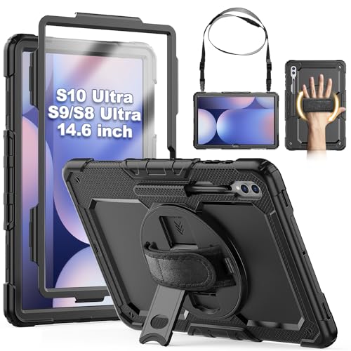 SEYMCY Case for Samsung Galaxy Tab S10/S9/S8 Ultra 14.6 inch 2024/2023 Full-body Shockproof with Screen Protector Rotating Hand Strap & Stand Shoulder Strap for Samsung S10/S9 Ultra Tablet Black
