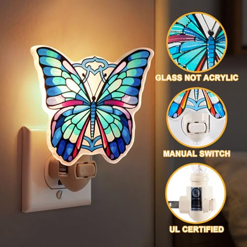 Image of Butterfly Night Light - Stained Glass Styled Plug-in Wall Light for Vertical Outlets - Real Glass, Warm Glow for Bedroom, Bathroom, Hallway - Gift for Butterfly Lovers
