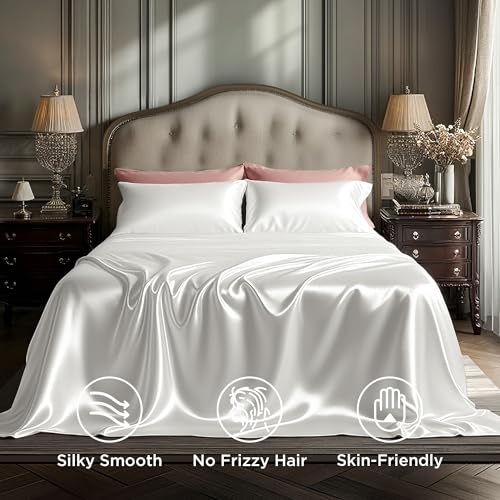 Image of Bedsure White Satin Sheets Queen Size, Soft Silky Bedsheet for Hair & Skin | Similar to Silk Bed Sheets Set 4 Piece with 15 Inches Deep Pocket Fitted Sheet,1 Flat Sheet, 2 Satin Pillowcases