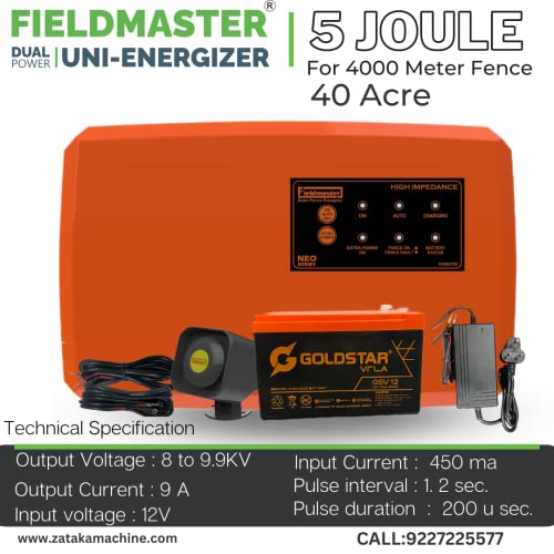 Image of Fieldmaster Zatka Machine for Farm - Agricultural, Industries, Residential Area Electric & Solar Operated Jhatka Machine with Battery (5 Joule - 40 Acre Covered)