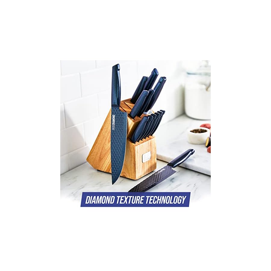 Blue-Diamond-Sharp-Stone-Nonstick-Stainless-Steel-Cutlery-14-Piece-Wood-Knife-Block-Set-with-Chef-Steak-Knives-and-more-Diamond-Texture-Blade-Dishwasher-Safe-Knives-Blue Blue Diamond Sharp Stone Nonstick Stainless Steel Cutlery, 14 Piece Wood Knife Block Set with Chef Steak Knives and more, Diamond Texture Blade, Dishwasher Safe Knives, Blue
