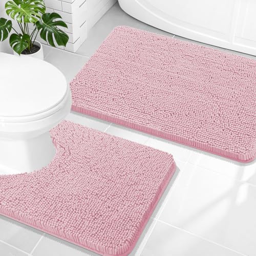 Image of OLANLY Bathroom Rugs Sets 2 Piece, Soft Absorbent Chenille Bath Mats and U-Shaped Contour Toilet Mat Area Rug Set, Machine Washable Bath Carpet, Home Decor Accessories(30 inchx20 inch+24 inchx20 inch, Dusty Rose)