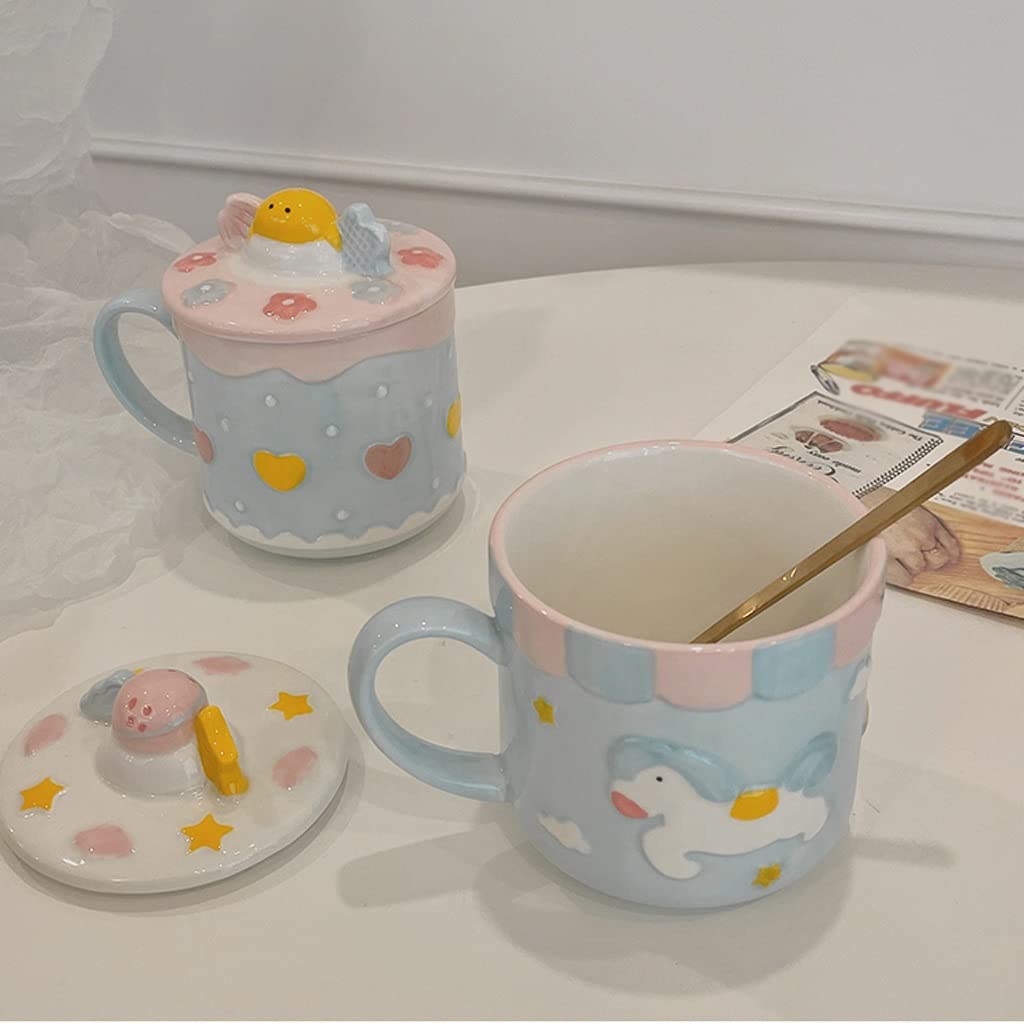 Taza de café de cerámica Taza de cerámica Taza Divertida Mujer con Tapa Cuchara Taza de Agua para el hogar Taza de café Estudiante Desayuno Taza de Leche (C)