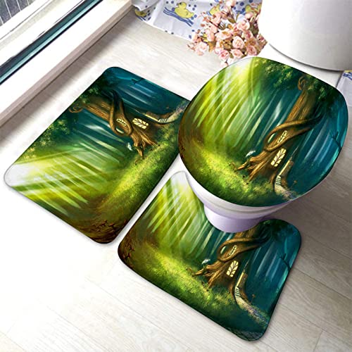 3-teiliges Badezimmerteppich-Set, magische Märchenlandschaft des Baumhauses, waschbare Badeteppiche, rutschfest, mit Rückenpolster, Konturteppich und Toilettendeckelbezug