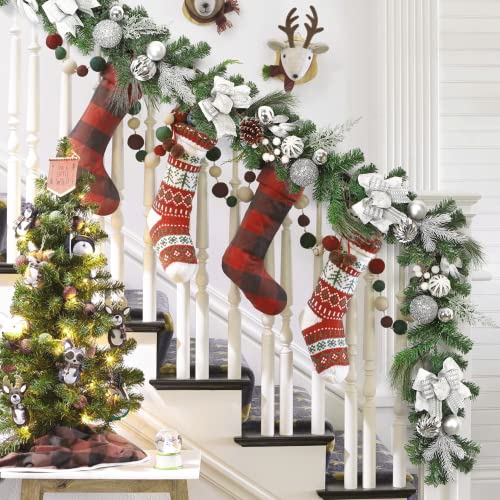 6FT Lighted Christmas Garland for Front Door, Artificial Pre-Lit Christmas Garland Decoration, Battery Operated Xmas Garland with Pinecones, Berries, Bows, Ball Ornaments, Silver