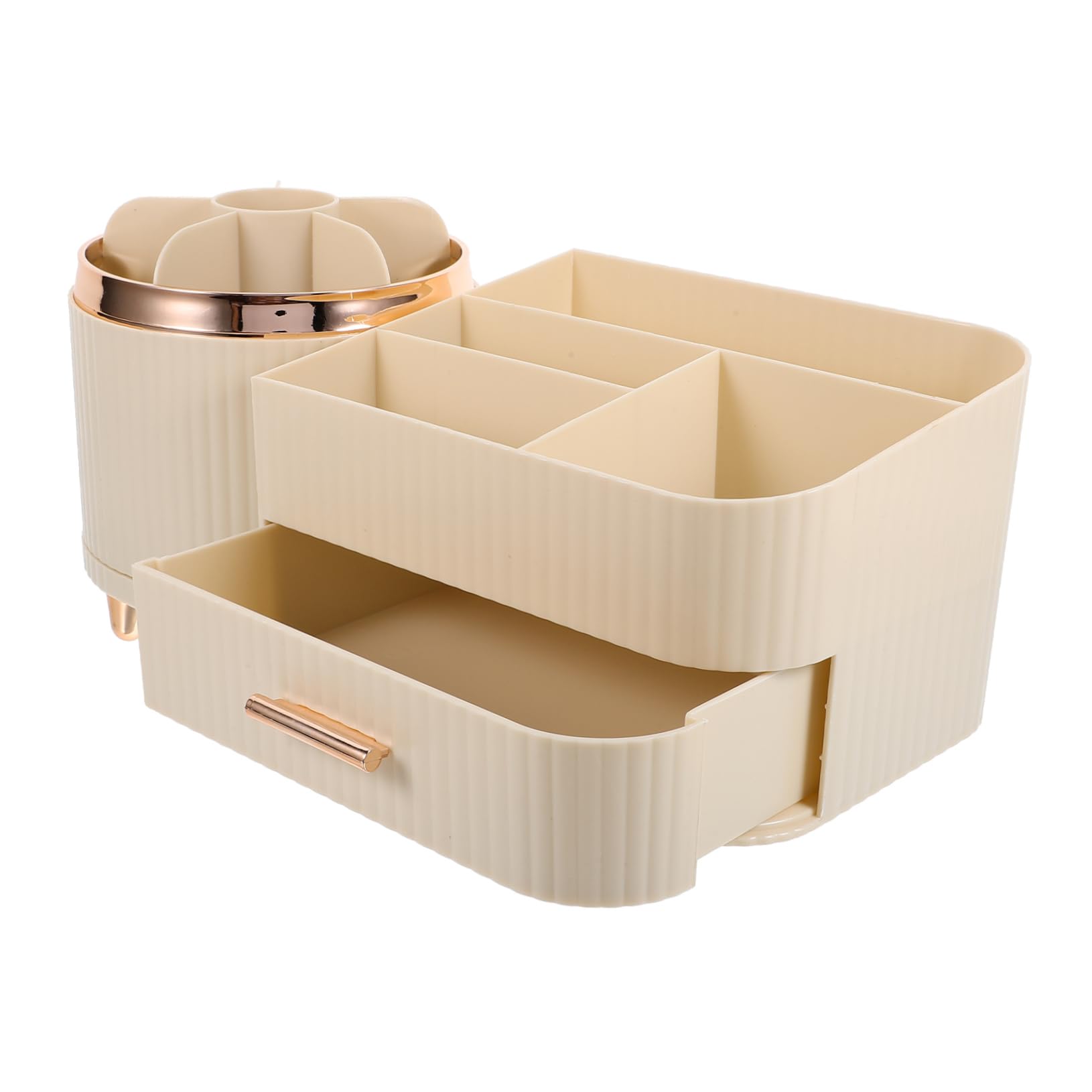 FRCOLOR Make Up Pinselhalter Beige mit Schublade und Fächern Drehbarer Schminkorganizer aus Kunststoff Große Kapazität für Schminktisch und Bad
