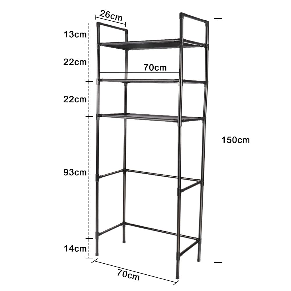 HUOLE Étagère pour Machine à Laver à 3 Niveaux, Étagère Métallique Économie d'espace pour Toilettes et buanderie, Multifonction, Solide et réglable, 72 x 25 x 155 cm - Noir