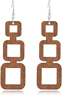 ANXIN STORE Boho Natural Wood Geometric Cutout Round Earrings Vintage Wooden Square Ethnic Drop Earrings For Women Jewelry Gifts