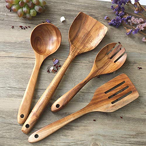 Craft Expertise Wooden Kitchen Utensil Set 4 Cooking Utensils Spatula Spoons for Cooking Nonstick Cookware, 100% Handmade by Natural Sheesham Wood