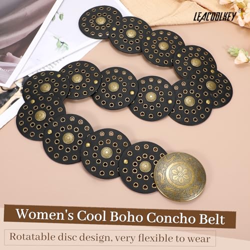 Image of LEACOOLKEY Women's Boho Disc Belt Wide Western Leather Belt Vintage Concho Waist Belts for Dress Jeans