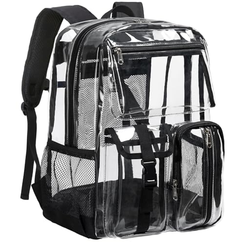 Vorspack Heavy Duty Clear Backpack - Multi-pockets Clear Bookbag for Girls, Boys, Transparent See Through Backpack for School, College, Work, Festival - Black
