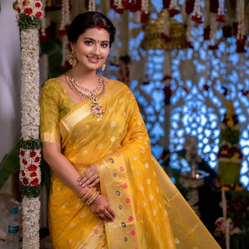 Image of Sarees for Women Wear Organza Silk Banarasi Sari Kanjivaram Pure Paithani Wedding Original Kanchipuram Pattu Sadi with Blouse Piece 2026 (KeriFlower)