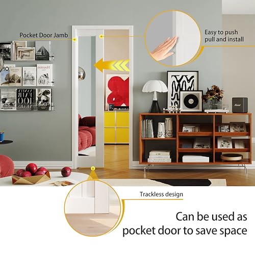 Image of Interior Pocket Door, 1-Lite Mirror Pantry Door Panel with Frame and Hardware Kit Set Plus Door Jamb, 32 inch x 80 inch Single Mirror Closet Door Slab for Sliding Door, No Panel Assembly Required
