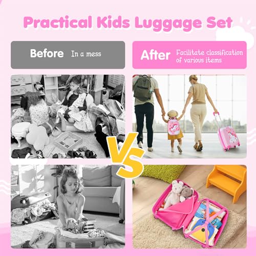 BABY JOY 2 Pcs Kids Luggage Set, 16\" Toddlers Carry-on Suitcase & 12\" Backpack Set, Children Travelling Case w/ 4 Casters, Retractable Handle, Lightweight Trolley Case for Girls Boys (Cloud Pony)