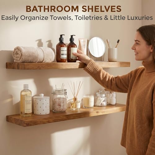 Image of Dreamland 36 Inch Long Floating Shelves Set of 2, Rustic Solid Elm Wood Floating Shelf Wall Mounted, 8 Inch Deep Wooden Wall Shelves for Living Room, Bedroom, Bathroom, Kitchen, Natural