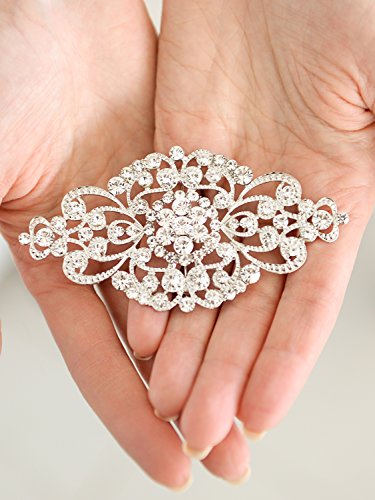 Mariell Vintage Bridal Crystal Brooch Pin, 4" Wide, Antique Silver Wedding Pin, Rhinestone Brooch for Brides and Wedding, Art Deco Fashion Accessory2