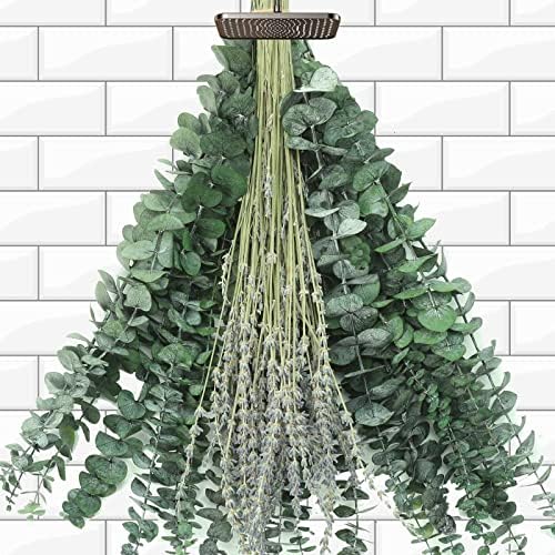 115 PCS Mixed Dried Eucalyptus Stems with Lavender Flowers Bundle for Shower, 17'' Natural Eucalyptus Leaves Branches Hanging Shower Plant for SPA Home Fragrance Bathroom Table Vase Decor