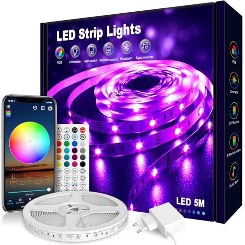 Nixtrve LED Strip 5m, LED Streifen Farbwechsel LED Band 5m Selbstklebend mit Fernbedienung und App, LED Lichterkette LED Beleuchtung für Zuhause, Küche, Party