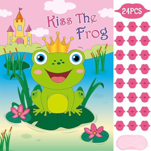 Image of WERNNSAI Valentines Party Game - Pin The Kiss On The Frog Valentines Day Party Games Valentine Frog Pin Game for Classroom Family School Activities 21'' x 28 inch Poster with 24 PCS Stickers