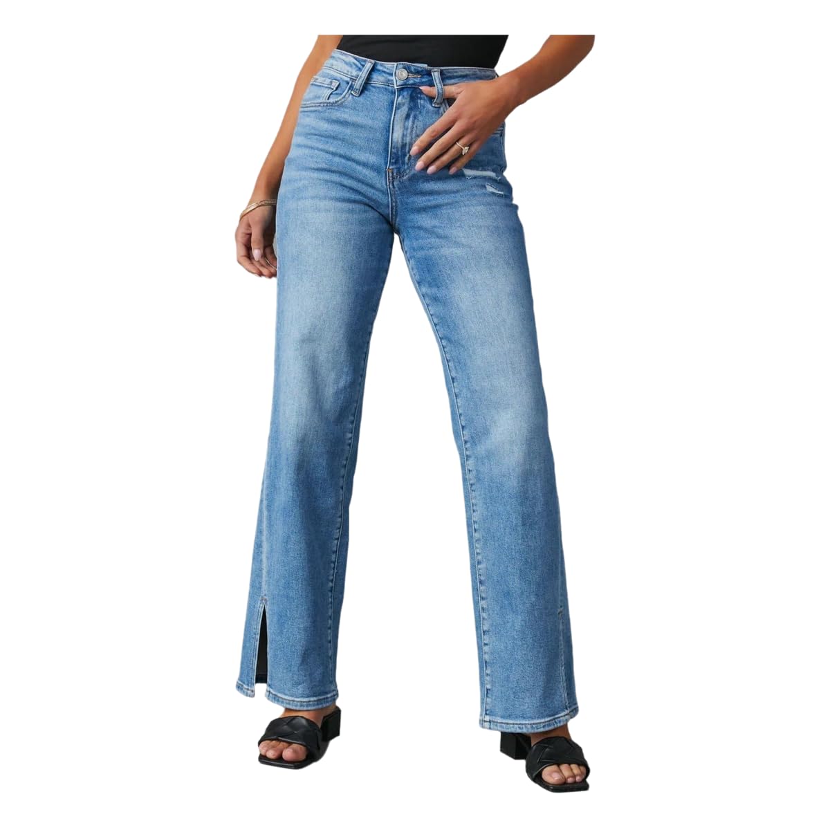 Jeans Donna A Gamba Dritta per Donne in Vita Alta Sciolti-Blu-XL