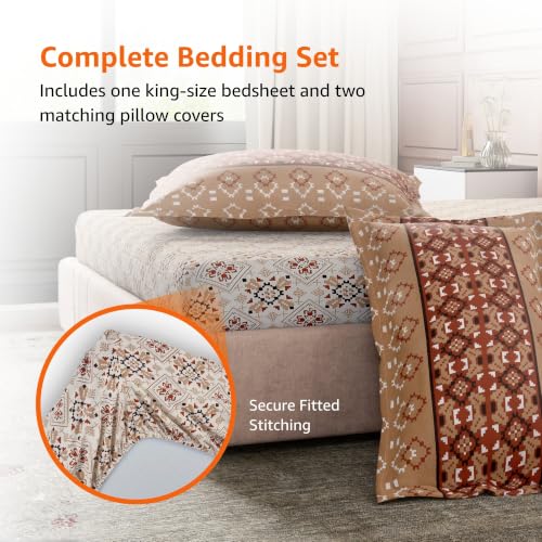 Image of Amazon Basics - 100% Cotton Fitted Bedsheet | 144TC |Fitted King Bed Sheet with 2 Pillow Cover|Soft Cotton | Floral Print | 78 Inch x 72 Inch - 8 Inch Drop, Brown