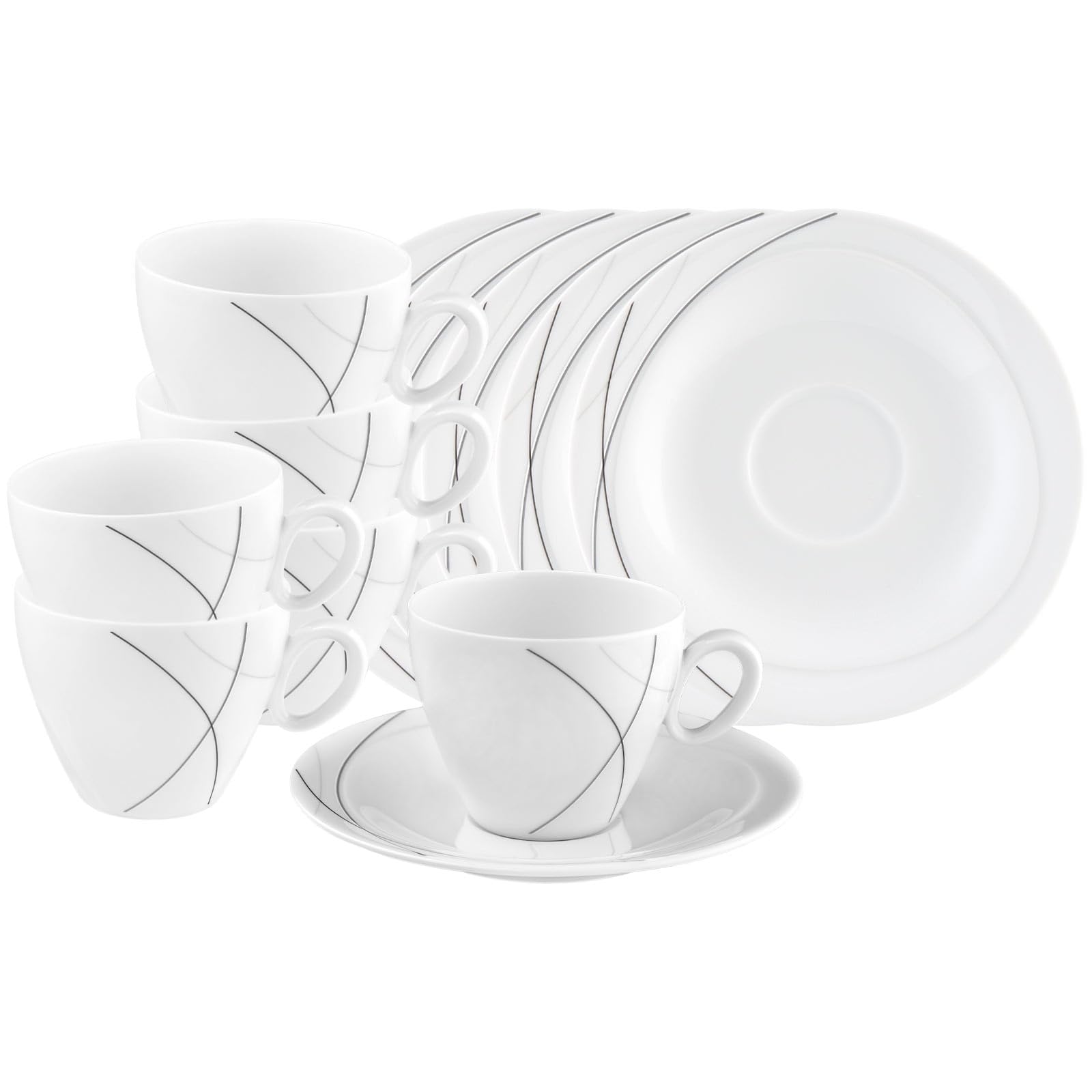 Seltmann Weiden Trio Highline Kaffeetassen mit Untertassen 6er Set, 230 ml, Tassen mit passenden Untertellern für 6 Personen, Feine schwarz-graue Linien, Spülmaschinenfest, Porzellan, Weiß